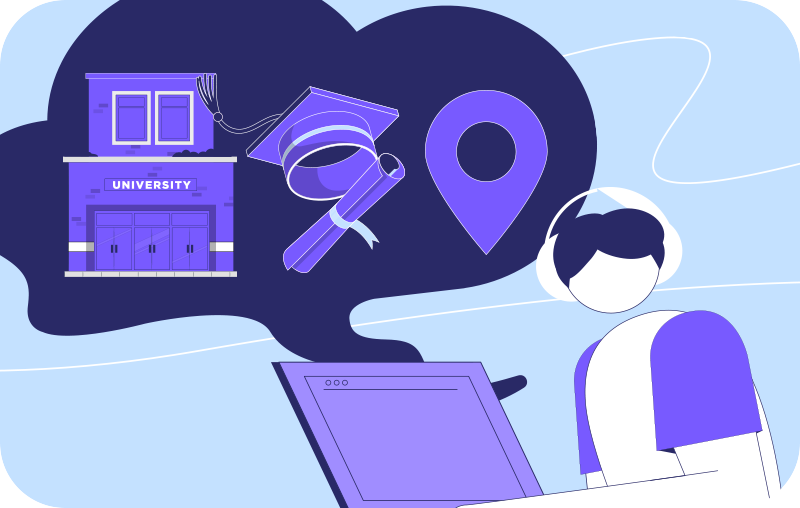 student looks up at three icons representing course, type of school, and location as factors affecting cost of higher education