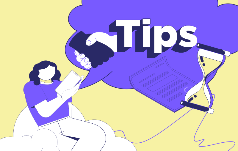 person with speech bubble that contains icons that represent tips for borrowing short-term loans