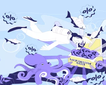 man with bar graph background floating down, with elements of the best online loans with low interest rates in the Philippines.