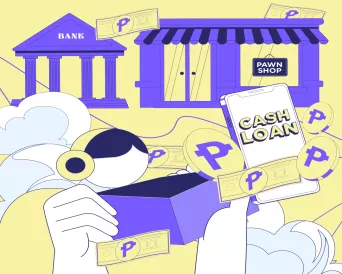 woman looks at her empty wallet with elements representing short-term loans floating above her