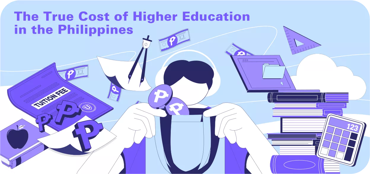student opens his backpack to reveal symbols that represent the cost of higher education in the Philippines