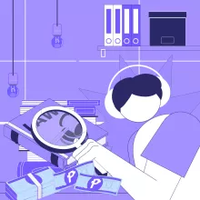  person holds magnifying glass with elements of money and law surrounding him to represent understanding laws about unpaid loans